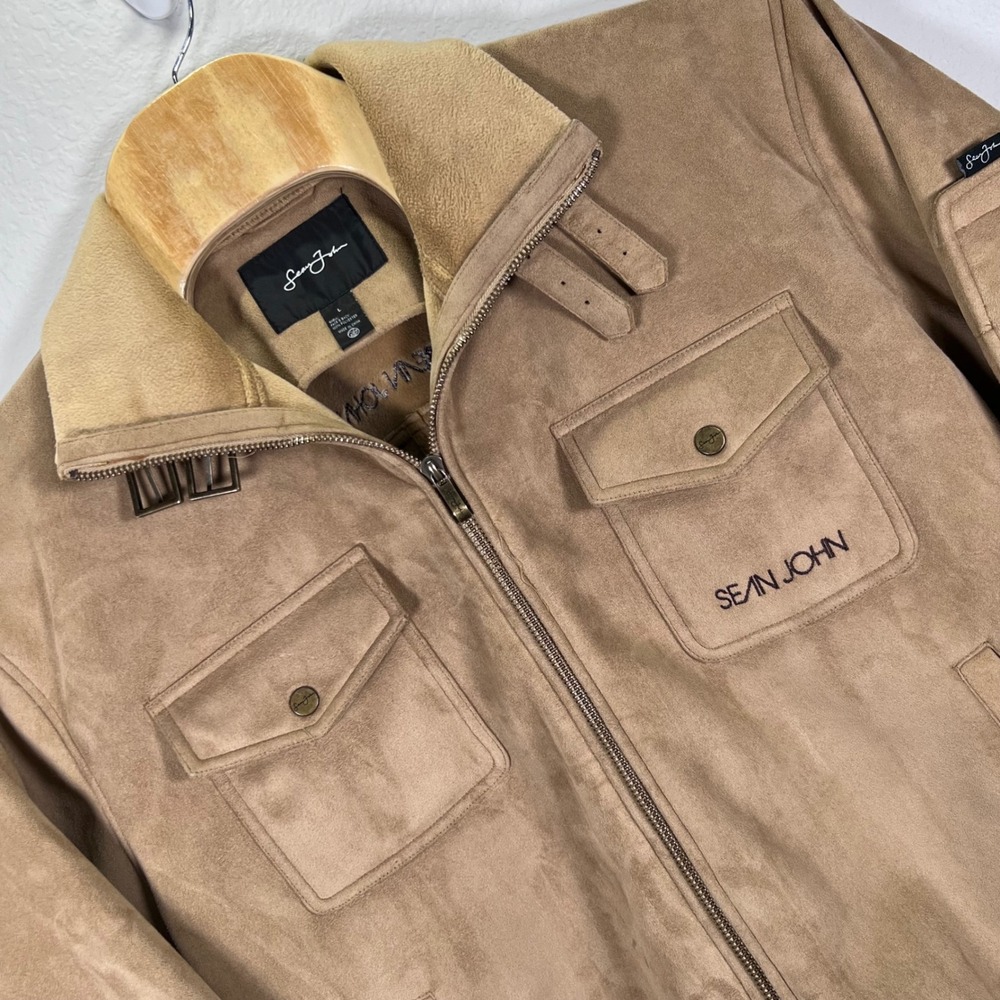 Sean John Suede Bomber Jacket Full Zip‎ Pockets Tan Mens Large